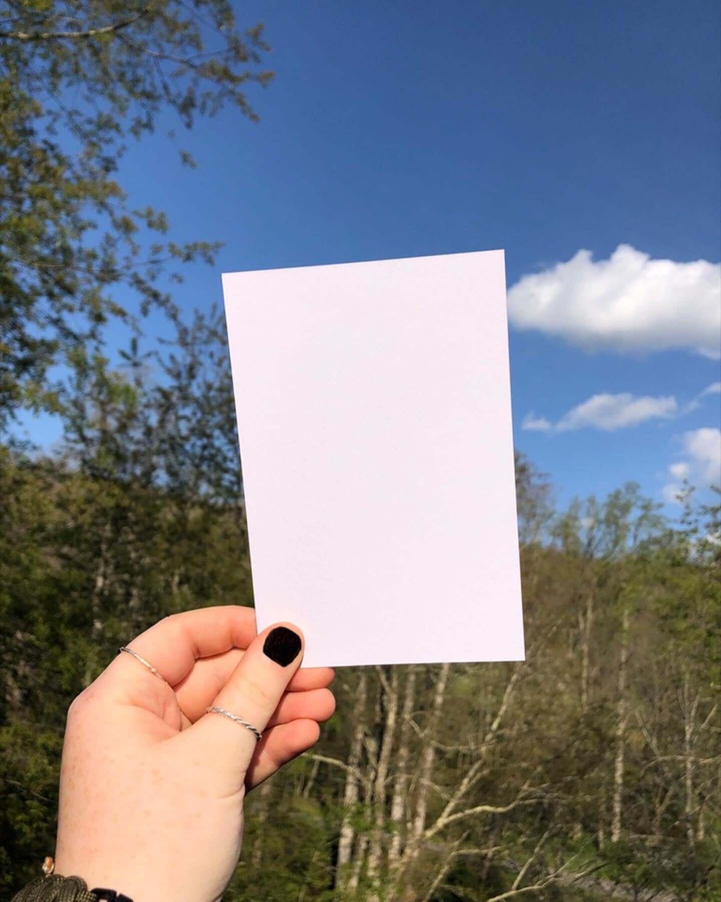 Girl holding blank back of Congrats Cutie postcard outside