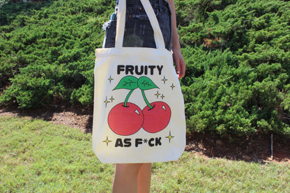 Fruity AF tote hanging by side