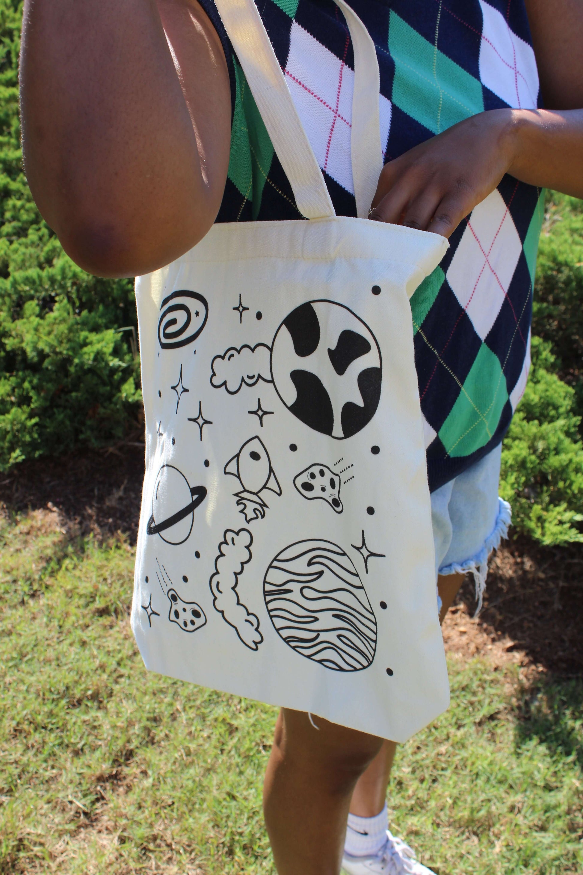 Spaced Out tote up close over shoulder