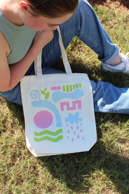 Girl sitting holding Abstract Tri Color Tote Bag