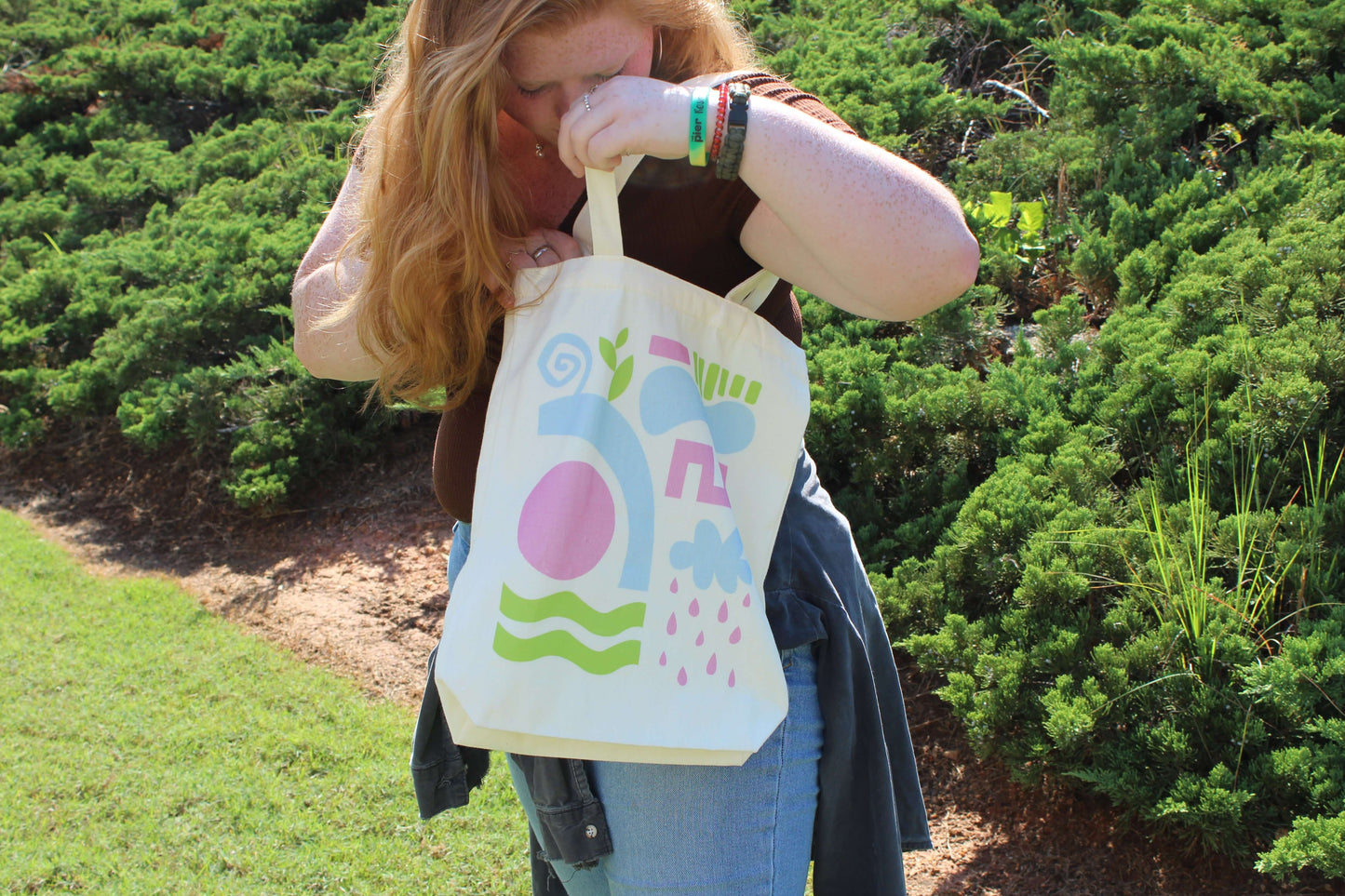 Girl Looking inside Abstract Tri Color Tote Bag