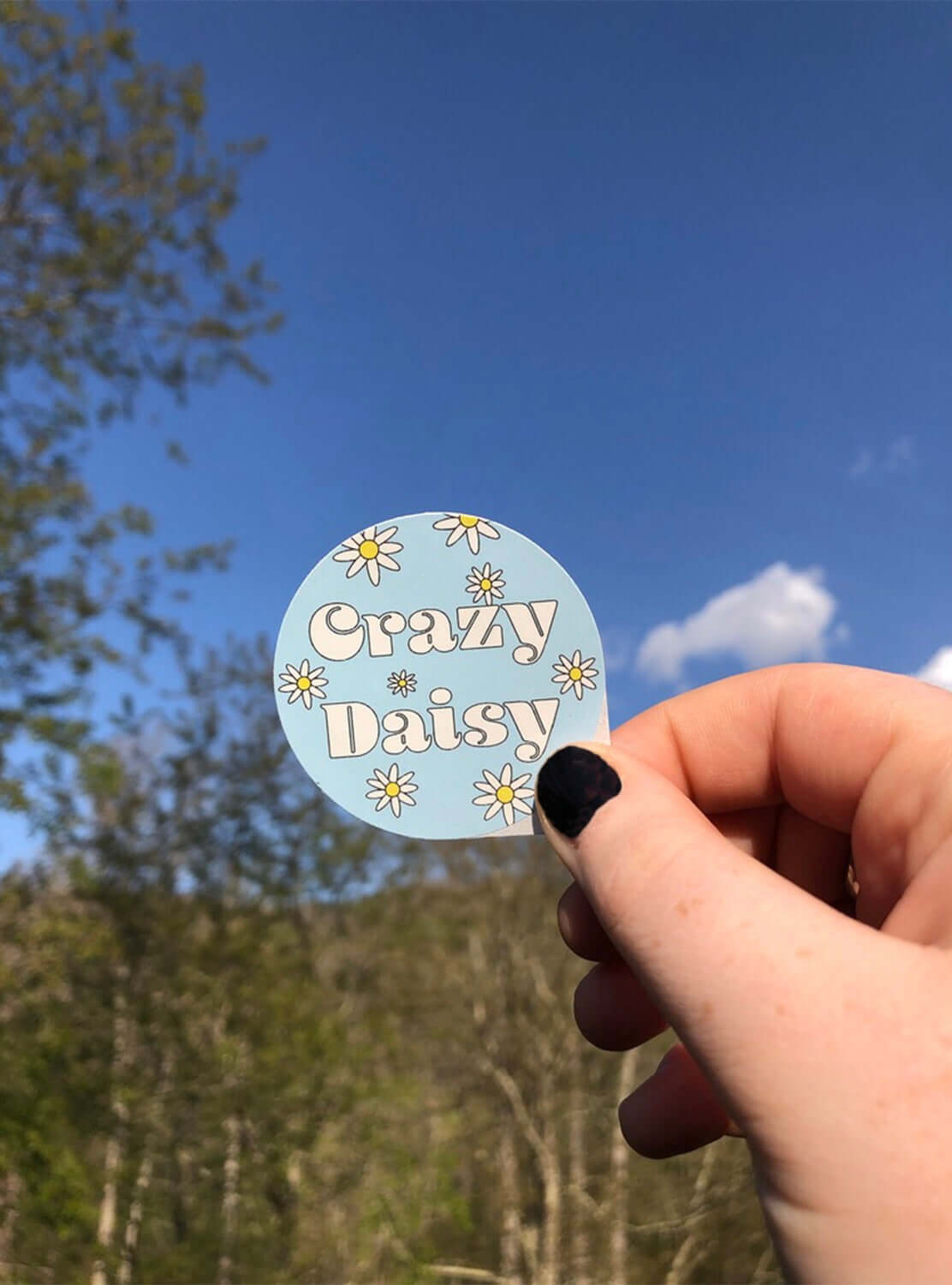 Girl holding Crazy Daisy sticker outside on horizon